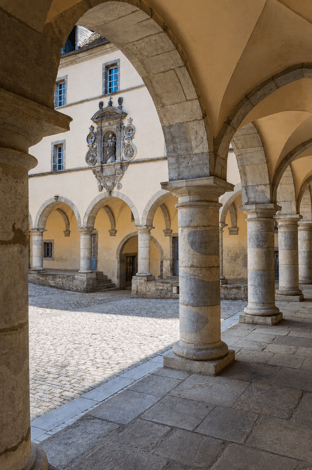 Cour et galerie à arcades de l’ancien couvent des Ursulines à Poligny dans le Jura