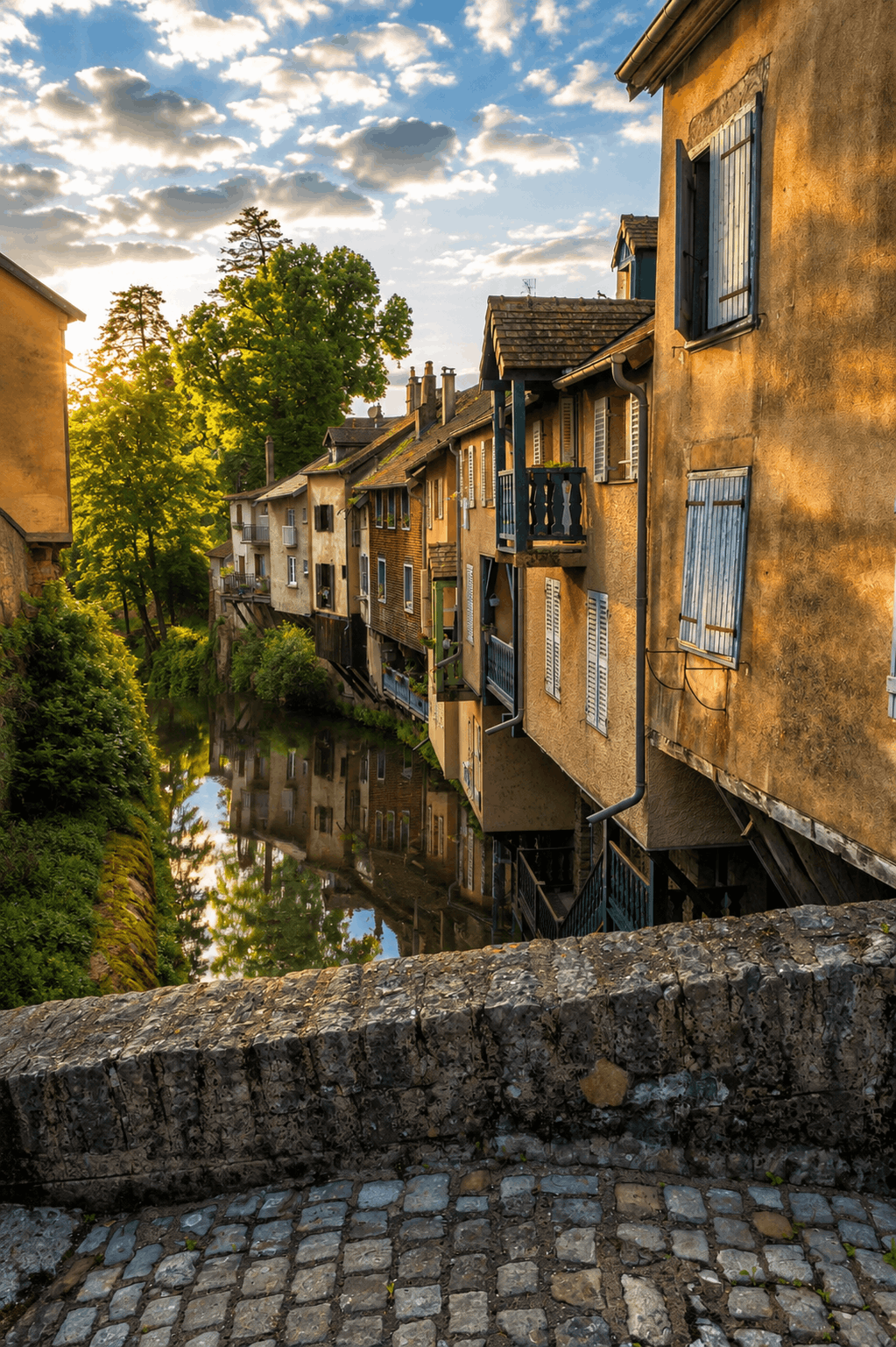 Maisons anciennes au bord de l’eau dans le centre historique d’Arbois dans le Jura