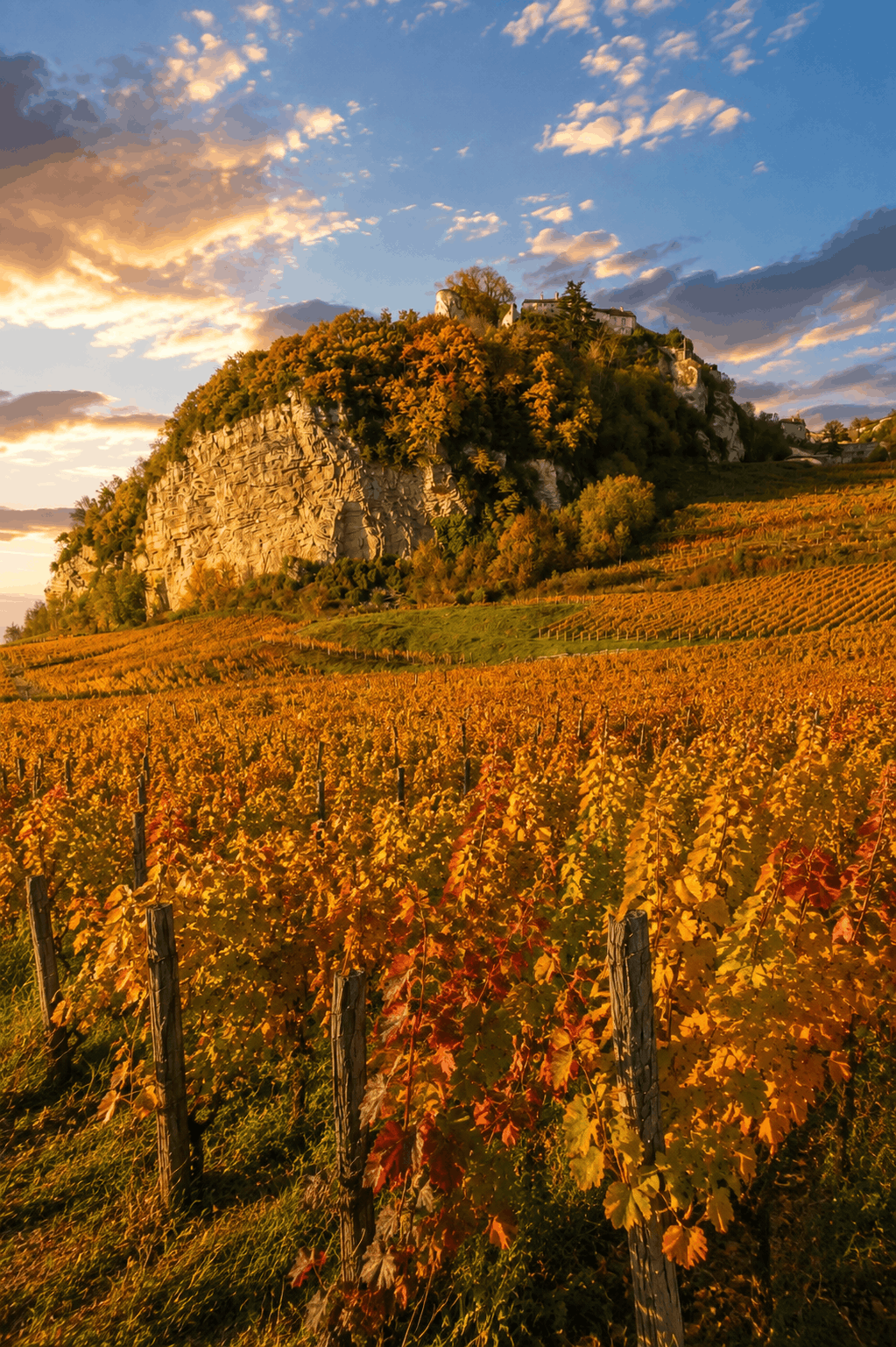 Vignes aux couleurs rouges, ocres et dorées au pied des falaises de Château-Chalon dans le Jura