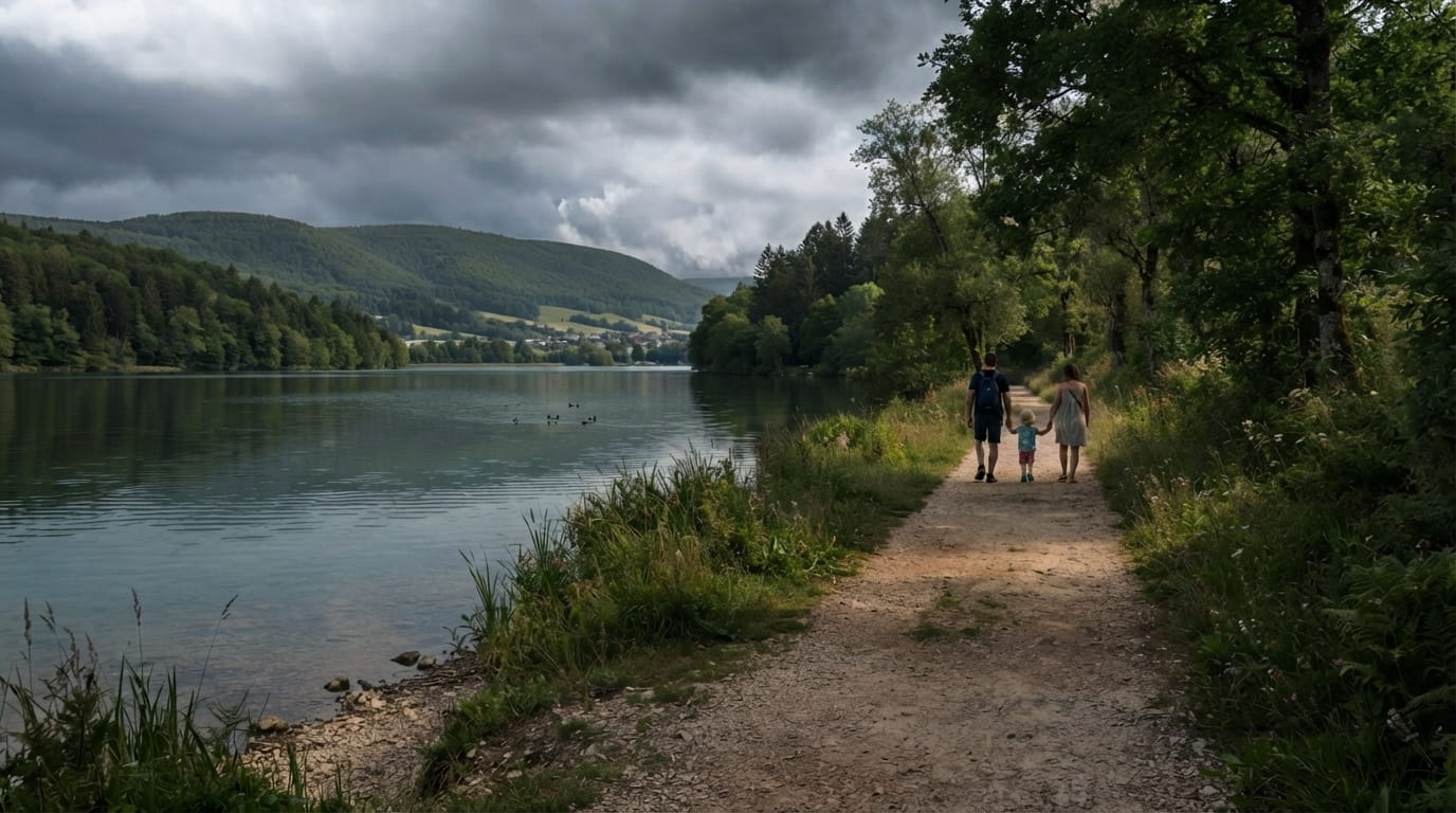 Promenade en famille au bord du lac de Clairvaux-les-Lacs dans le Jura