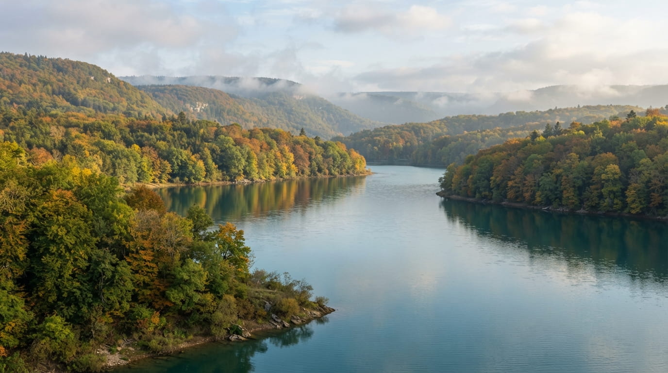 Forêts aux couleurs d’automne autour du lac de Vouglans dans le Jura