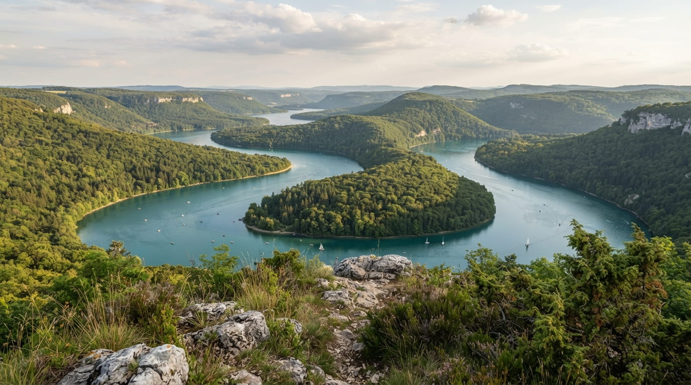 Panorama sur le lac de Vouglans et les paysages boisés du Jura