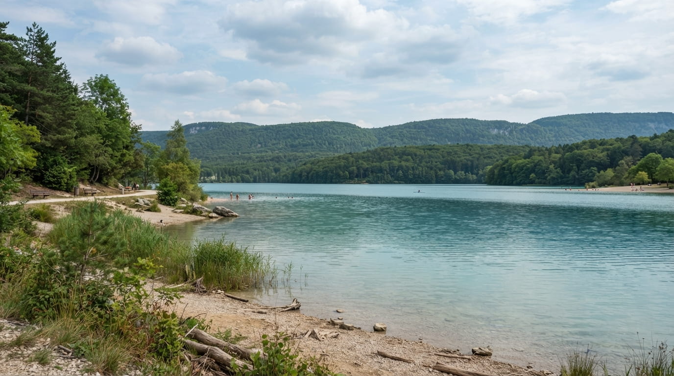 Plage de la Mercantine au bord du lac de Vouglans dans le Jura