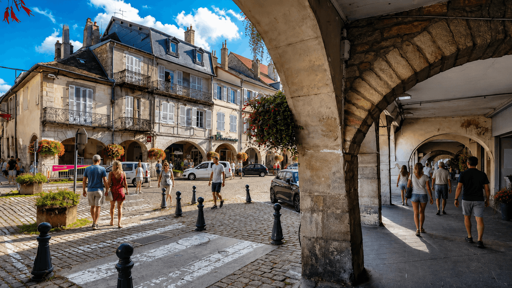 Centre historique de Lons-le-Saunier avec ses arcades, ses façades anciennes et ses rues animées dans le Jura