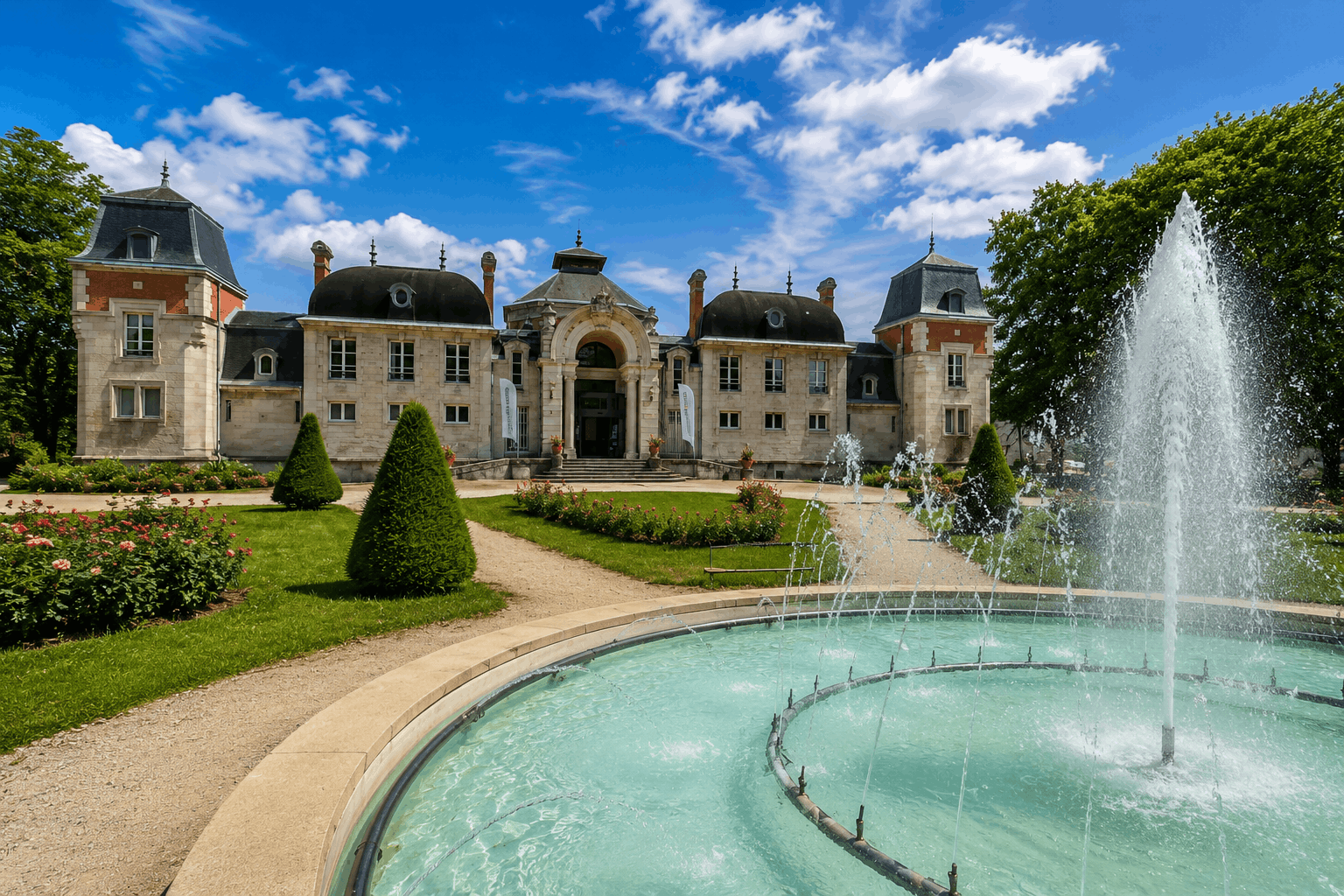 Parc des Thermes de Lons-le-Saunier avec sa fontaine et le bâtiment thermal sous un ciel bleu