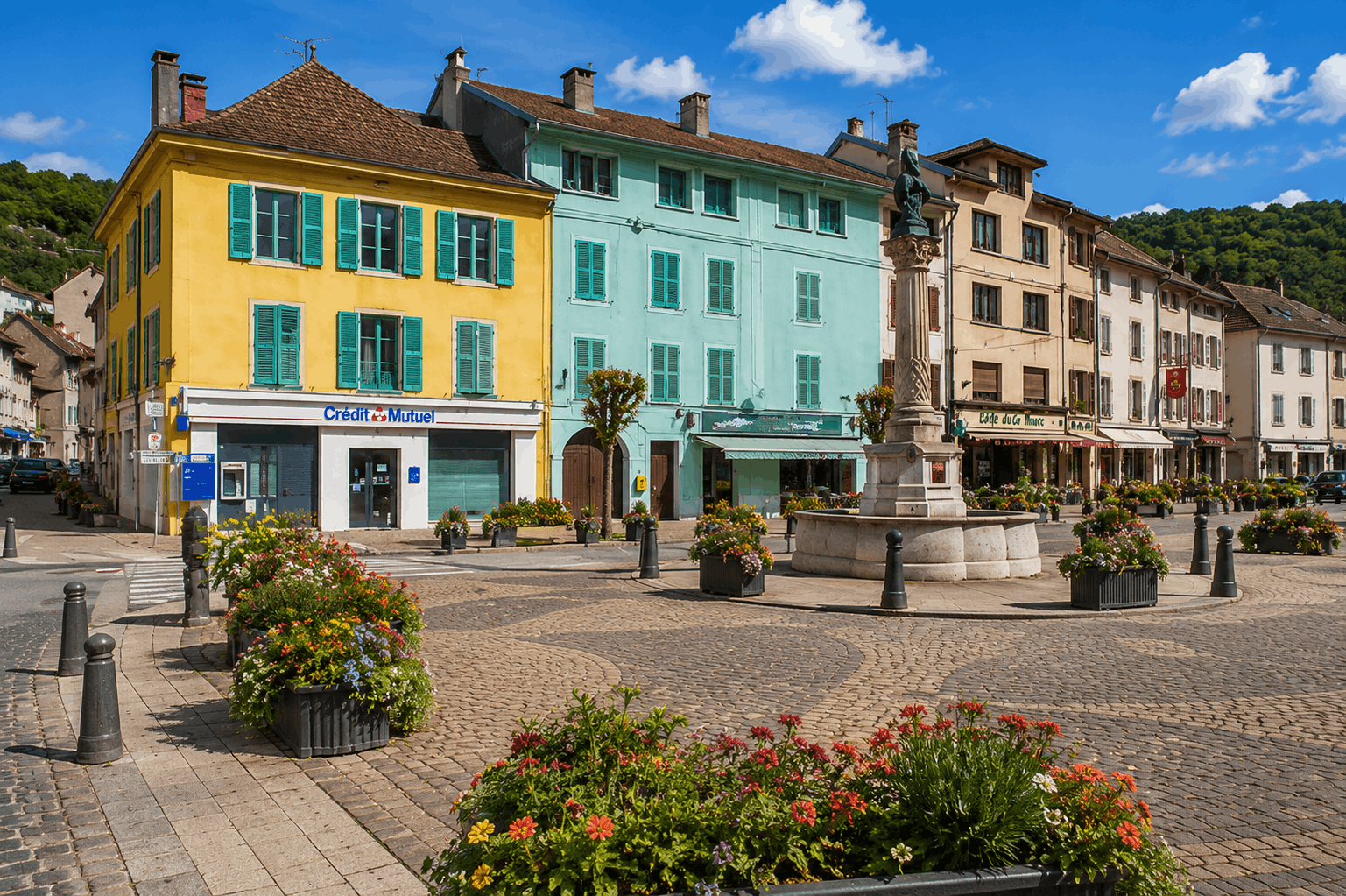 Place du centre de Moirans-en-Montagne dans le Jura, avec ses maisons colorées, sa fontaine et ses bacs fleuris.