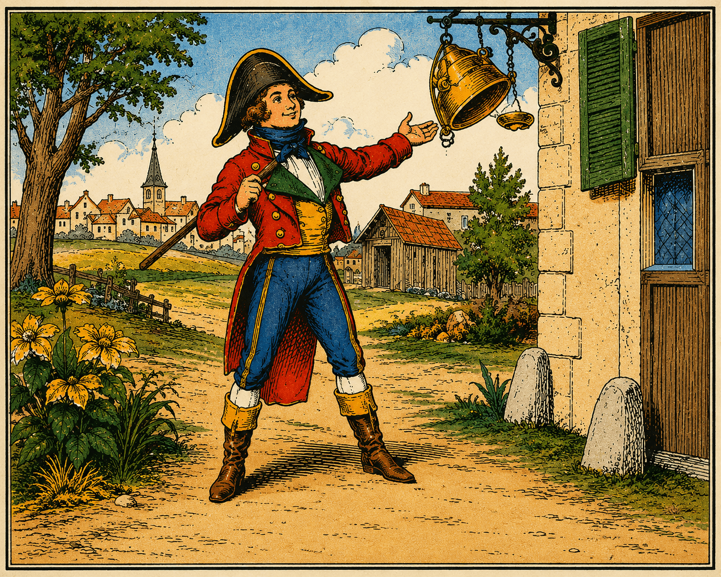 Illustration de Cadet Rousselle dans le style des anciennes images d’Épinal.
