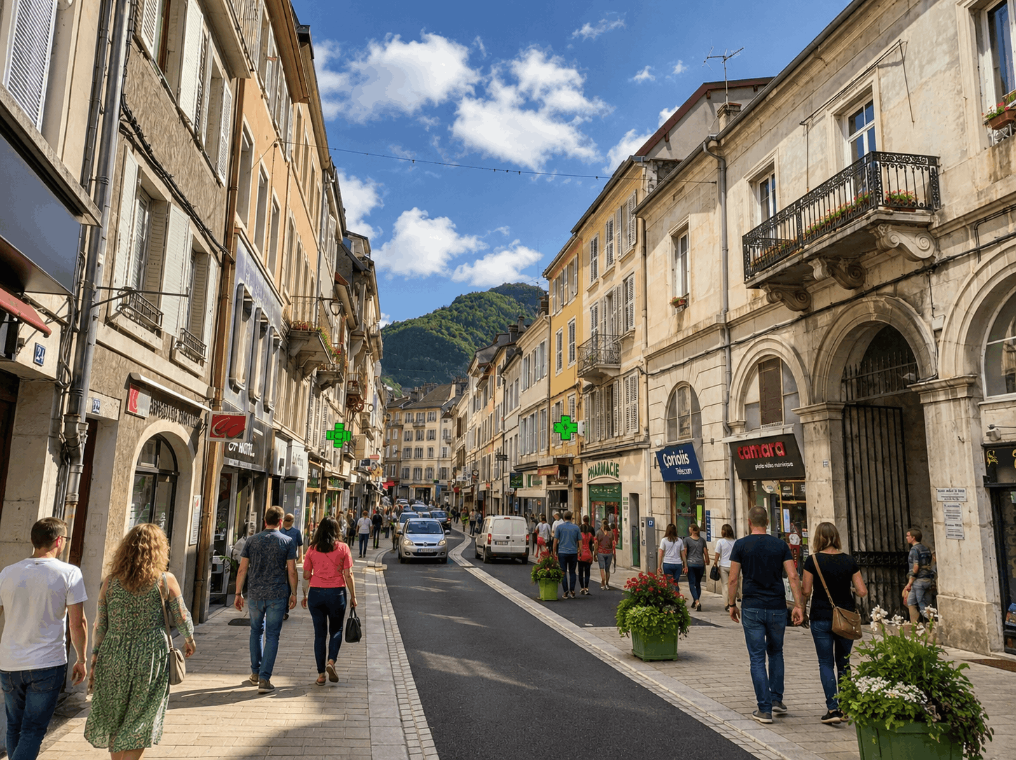 Rue commerçante animée du centre-ville de Saint-Claude dans le Jura, avec ses façades et les montagnes en arrière-plan.