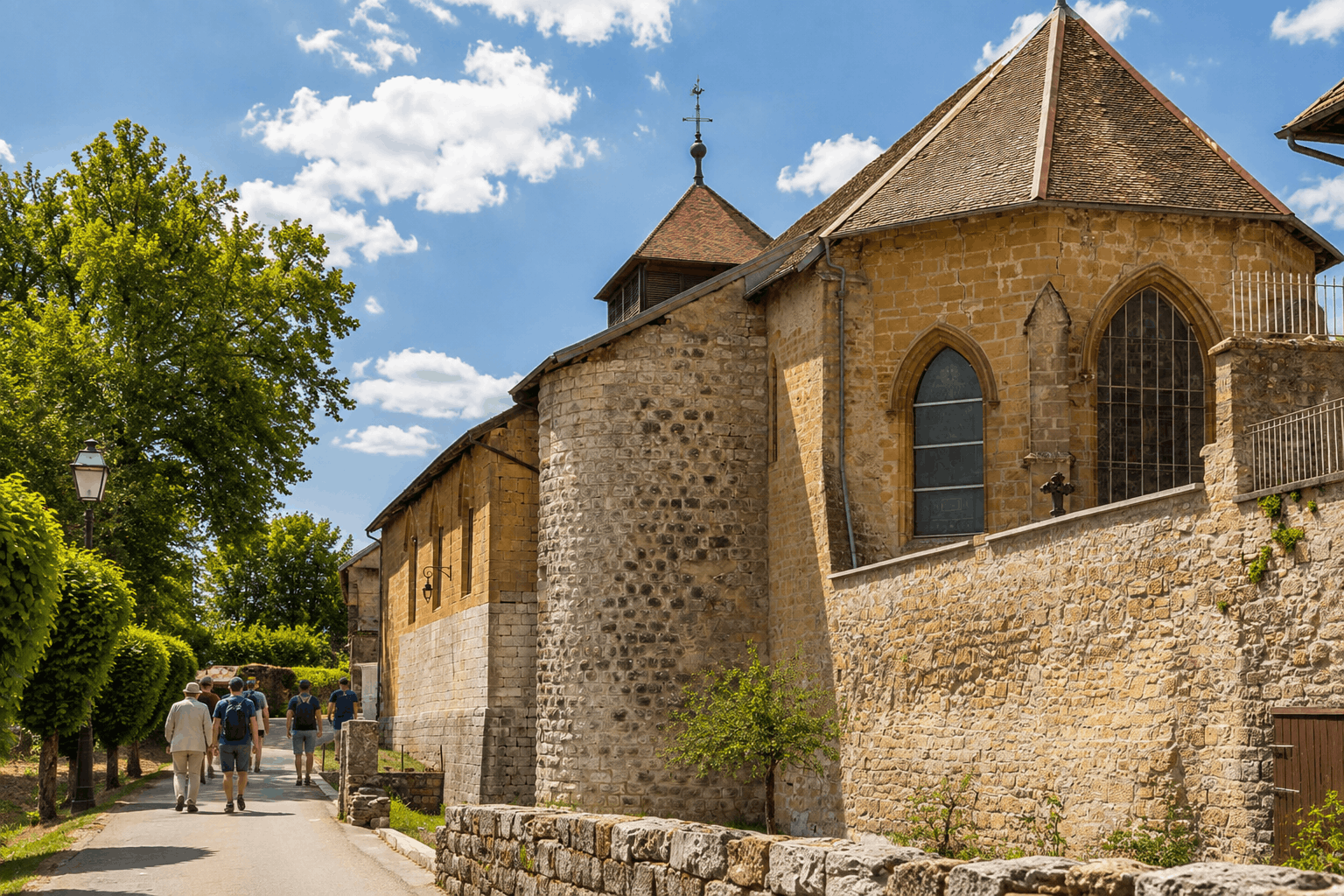 Rue bordant un édifice historique en pierre à Nozeroy, dans le Jura, par une journée d’été.