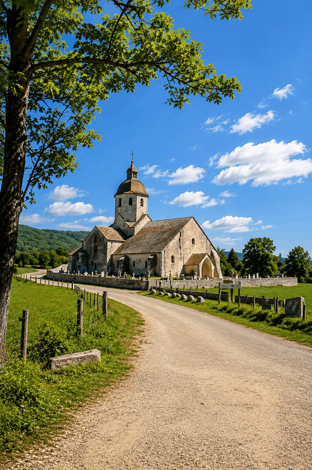 Église de Saint-Hymetière entourée de verdure dans un paysage rural du Jura.